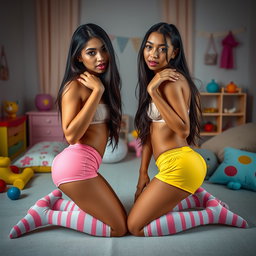 Nineteen-year-old tan Latina Arab elegant model twin sisters, both eighteen, petite Arab models with dark long brunette hair, very skinny with busty figures and small cute round butts