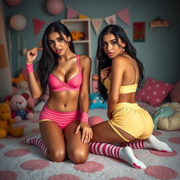 Nineteen-year-old tan Arab elegant model twin sisters, both eighteen, petite Arab models with dark long brunette hair, very skinny with busty figures and small cute round butts