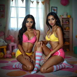 Nineteen-year-old tan Arab elegant model twin sisters, both eighteen, petite Arab models with dark long brunette hair, very skinny frames, busty with small cute round butts