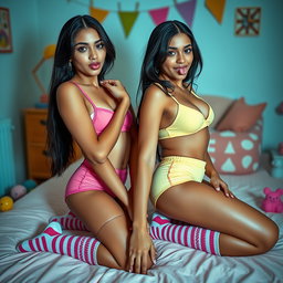 Nineteen-year-old tan Arab elegant model twin sisters, both eighteen, petite Arab models with dark long brunette hair, very skinny figures, busty with small cute round butts
