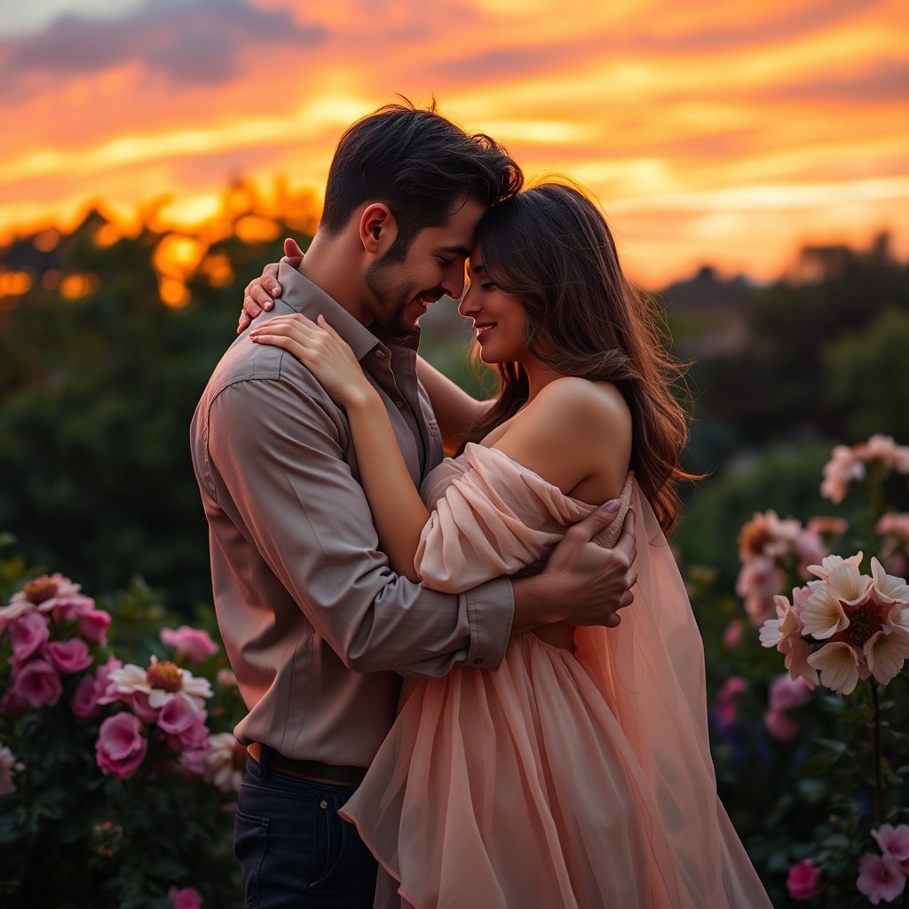 A passionate couple embracing each other in a romantic sunset setting, surrounded by lush greenery and blooming flowers