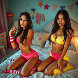 Nineteen-year-old tan Arab elegant model twin sisters, both eighteen, petite Arab models with dark long brunette hair, very skinny figures, busty with small cute round butts