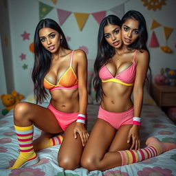 Nineteen-year-old tan Arab elegant model twin sisters, both eighteen, petite Arab models with dark long brunette hair, very skinny figures, busty with small cute round butts