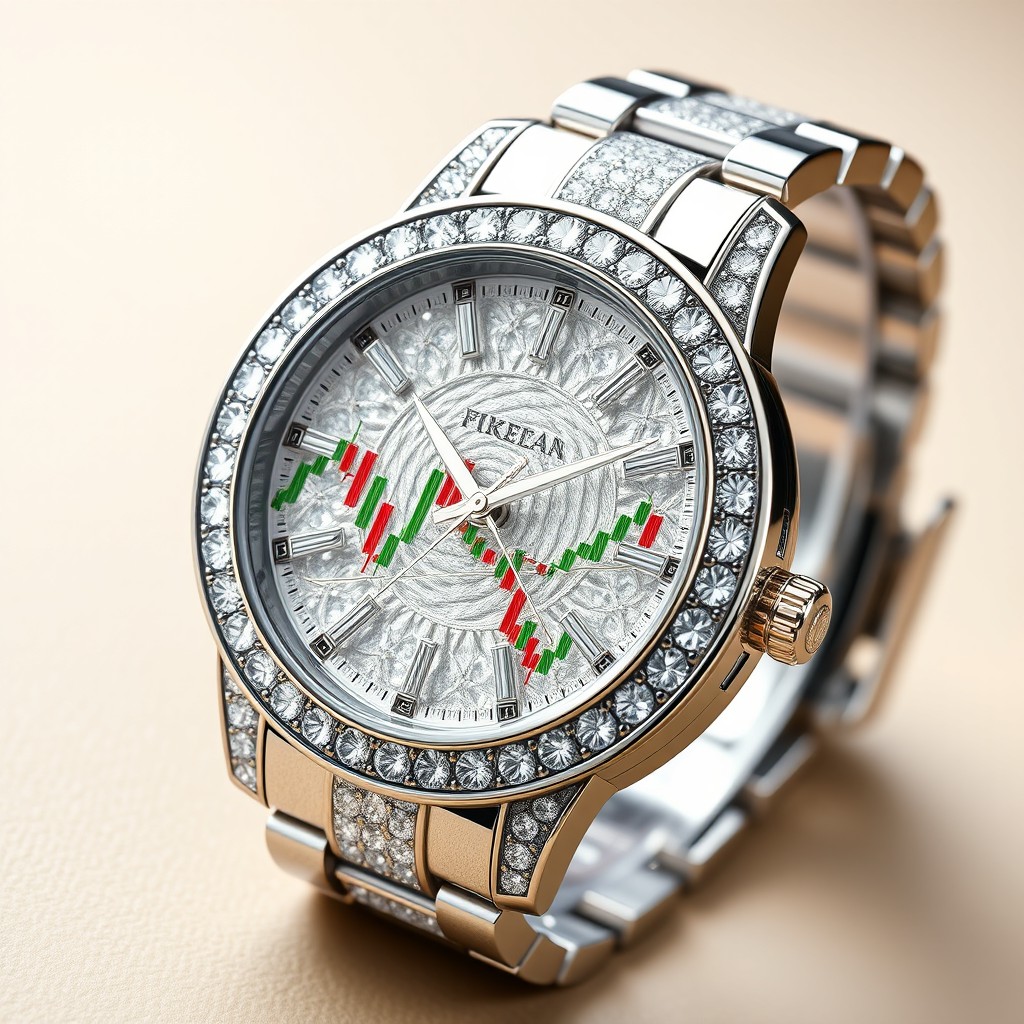 A luxury diamond watch boasting a stunning design, featuring a crystal face that represents a detailed forex chart with fluctuating currency lines and patterns displayed vividly