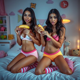 Nineteen-year-old tan Arab elegant model twin sisters, both eighteen, petite Arab models with dark long brunette hair, very skinny figures, busty with small cute round butts
