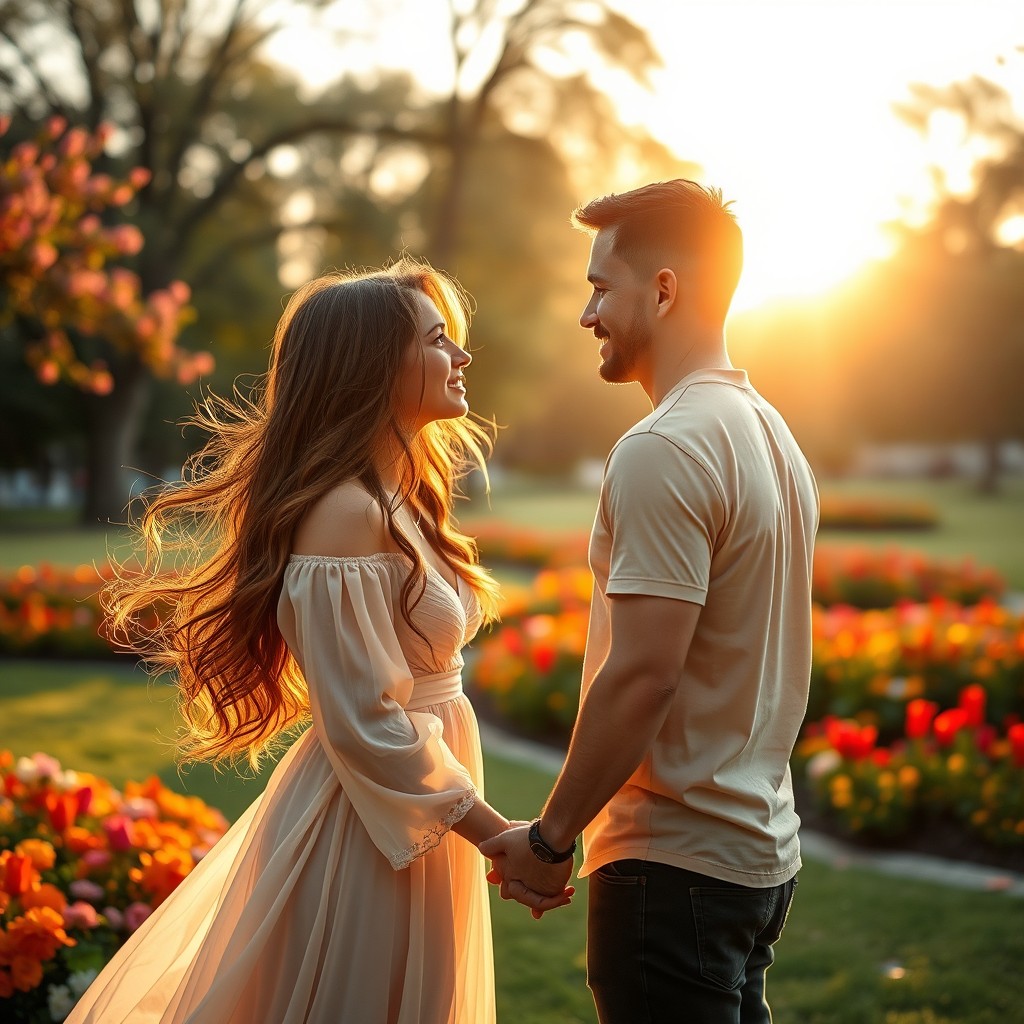 A romantic scene featuring a couple holding hands, gazing into each other's eyes with deep affection