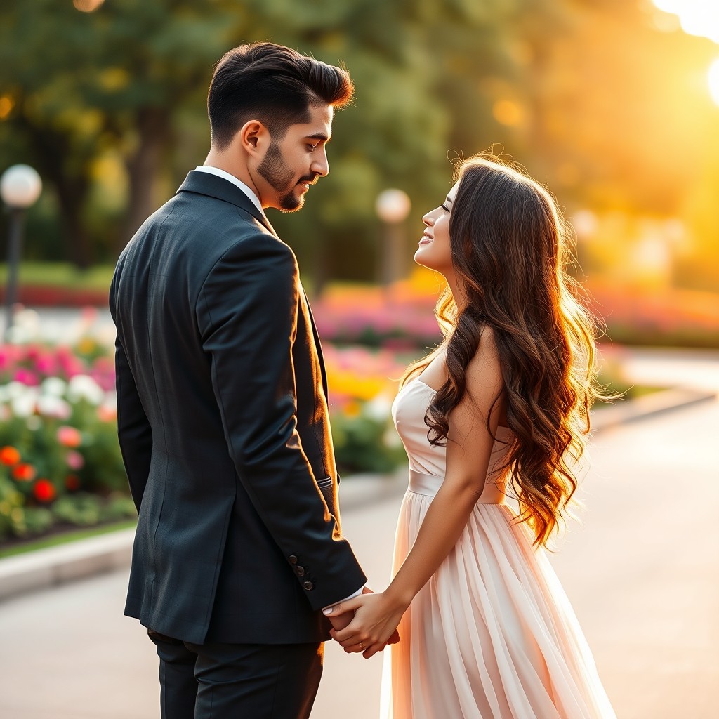 A romantic scene featuring a couple holding hands, gazing into each other's eyes with deep affection