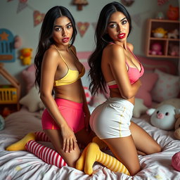 Nineteen-year-old tan Latina Arab elegant model twin sisters, petite and skinny with dark long brunette hair, featuring busty figures and small cute round butts