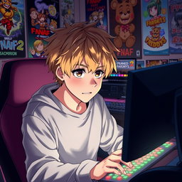 An anime guy with dirty blonde hair and expressive brown eyes intently focused on a gaming computer, sitting in a cozy room filled with vibrant anime posters on the walls