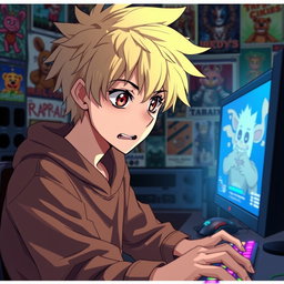 An anime guy with dirty blonde hair and expressive brown eyes intently focused on a gaming computer, sitting in a cozy room filled with vibrant anime posters on the walls