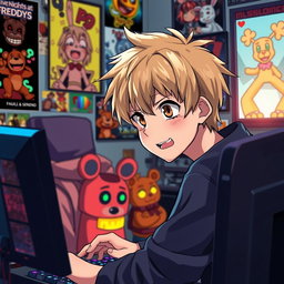 An anime guy with dirty blonde hair and expressive brown eyes intently focused on a gaming computer, sitting in a cozy room filled with vibrant anime posters on the walls