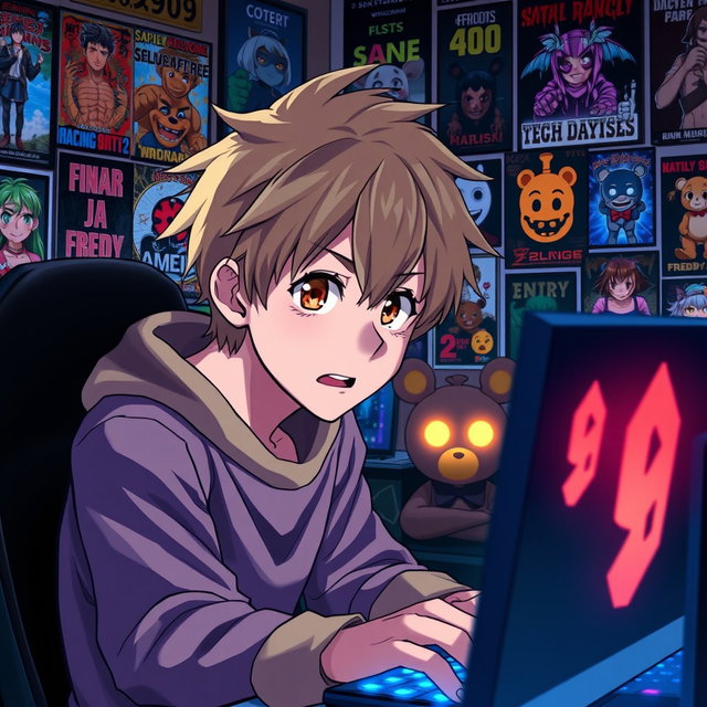 An anime guy with dirty blonde hair and expressive brown eyes intently focused on a gaming computer, sitting in a cozy room filled with vibrant anime posters on the walls