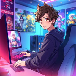 A tall anime boy with stylish brown hair and captivating hazel eyes sitting at a high-tech gaming computer, focused on his screen while glancing at the camera