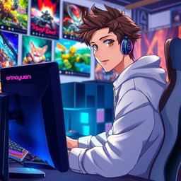 A tall anime boy with stylish brown hair and captivating hazel eyes sitting at a high-tech gaming computer, focused on his screen while glancing at the camera