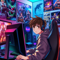 A tall anime boy with stylish brown hair and captivating hazel eyes sitting at a high-tech gaming computer, focused on his screen while glancing at the camera