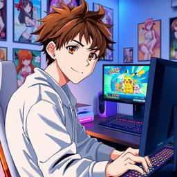 A tall anime boy with tousled brown hair and striking hazel eyes sitting at a sleek gaming computer, intensely playing Pokémon while glancing at the camera with a playful smile