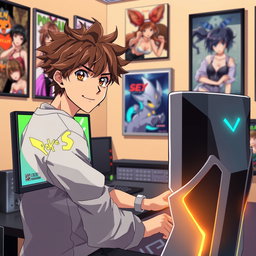 A tall anime boy with tousled brown hair and striking hazel eyes sitting at a sleek gaming computer, intensely playing Pokémon while glancing at the camera with a playful smile