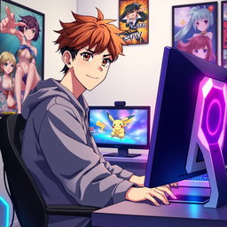 A tall anime boy with tousled brown hair and striking hazel eyes sitting at a sleek gaming computer, intensely playing Pokémon while glancing at the camera with a playful smile