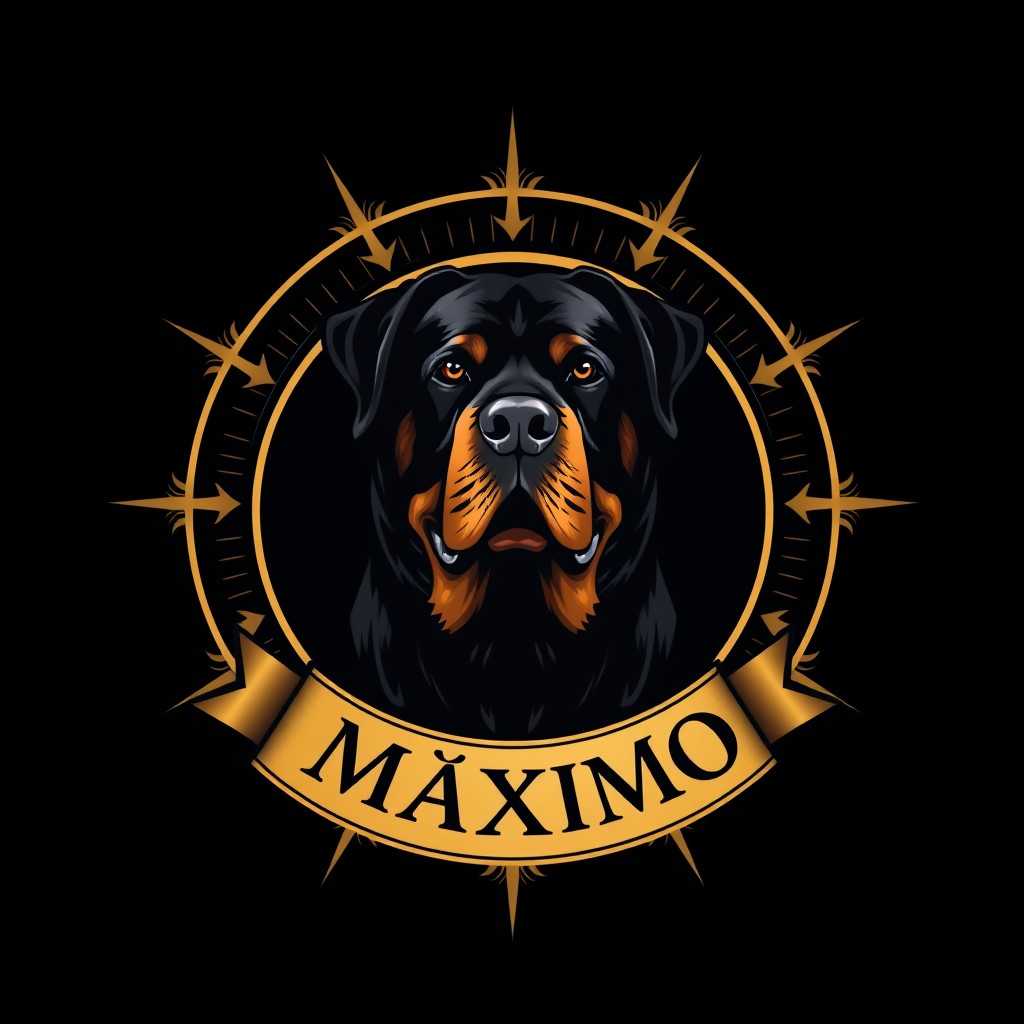 Create a luxurious and majestic logo featuring a majestic Rottweiler at the center
