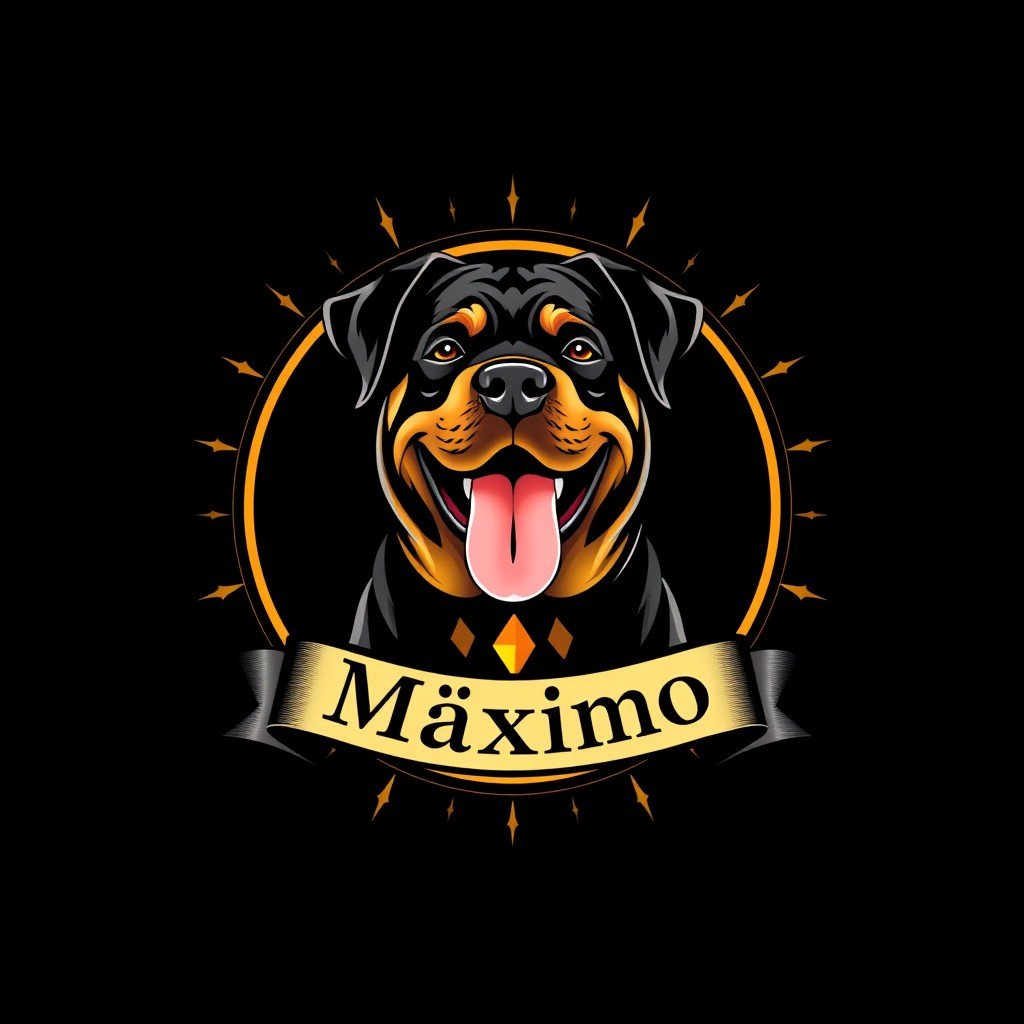 A luxurious logo featuring a happy and content Rottweiler sticking out its tongue, positioned at the center