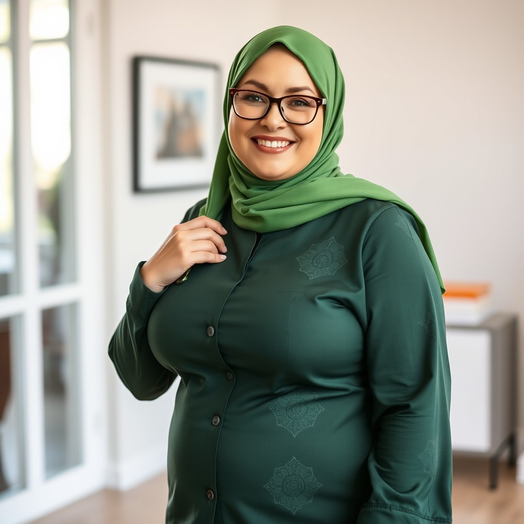 A cheerful, plump Russian woman in her 50s, wearing a vibrant green hijab, showcasing a sweet and playful smile