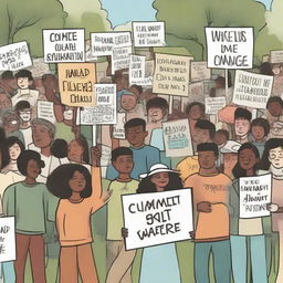 A detailed image illustrating a community rally, where diverse people are actively participating in a peaceful protest holding signs addressing climate change, symbolizing the common recent concern about the environment.