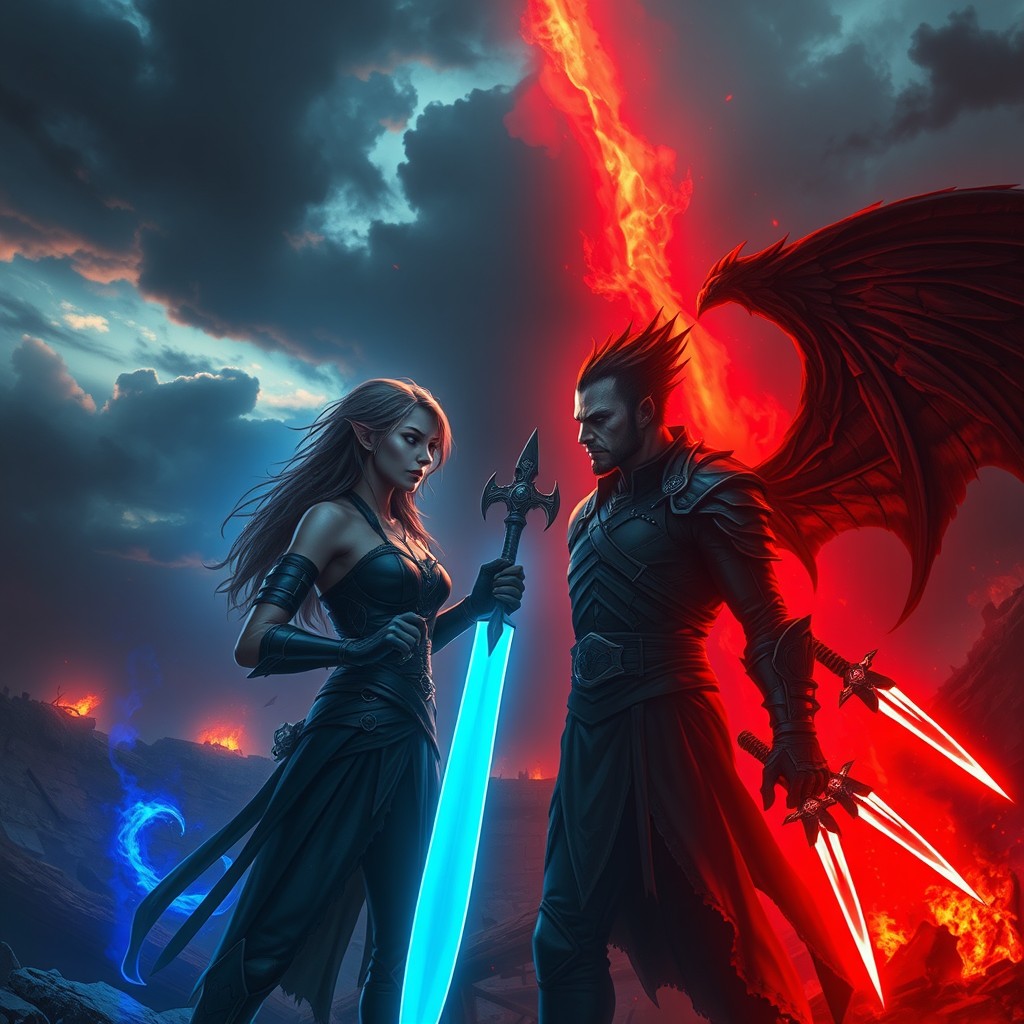 In a dramatic battlefield scene, Eris and Lavi face each other amidst the ruins of war, with the sky split in two - one side glowing with blood-red hues resembling Lavi's aura, while the other radiates a dark blue light symbolizing Eris