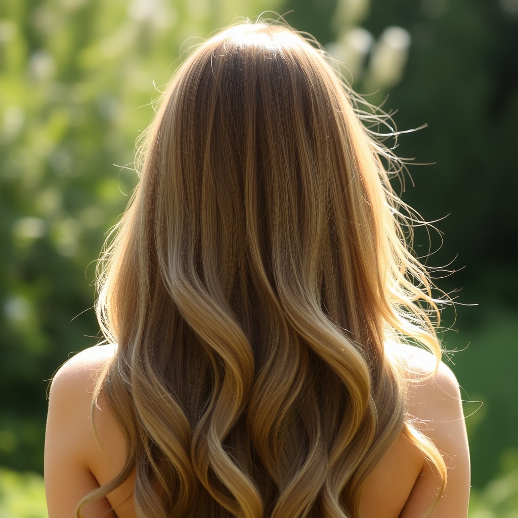 A stunning back view of a person with long, flowing hair, cascading down their back, reflecting sunlight