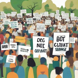 A detailed image illustrating a community rally, where diverse people are actively participating in a peaceful protest holding signs addressing climate change, symbolizing the common recent concern about the environment.