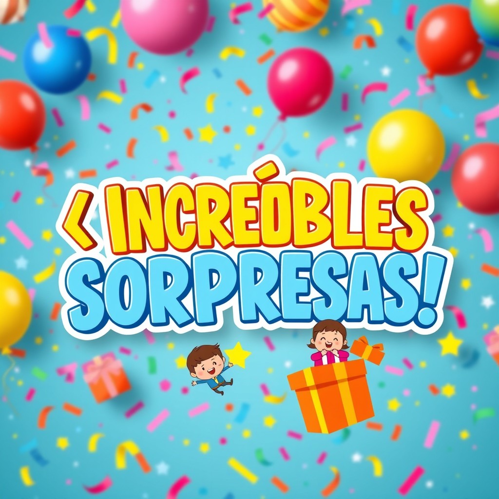 A vibrant and eye-catching thumbnail showcasing a playful and engaging design, featuring bold typography that reads '¡Increíbles Sorpresas!' in a fun, dynamic font