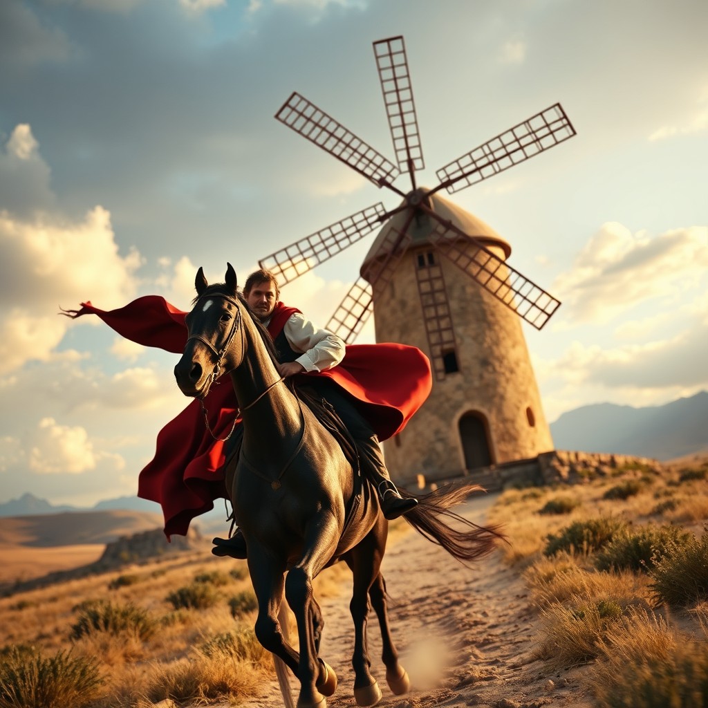 A semi-realistic cinematic scene featuring Don Quijote centered as he rides his skinny horse approaching a giant windmill