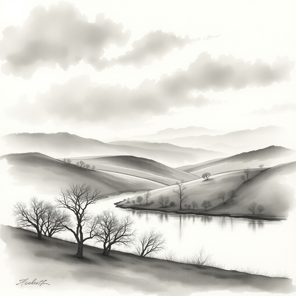 A stunning grisaille landscape scene showcasing rolling hills, a serene river, and delicate trees in the foreground, all rendered in varying shades of gray