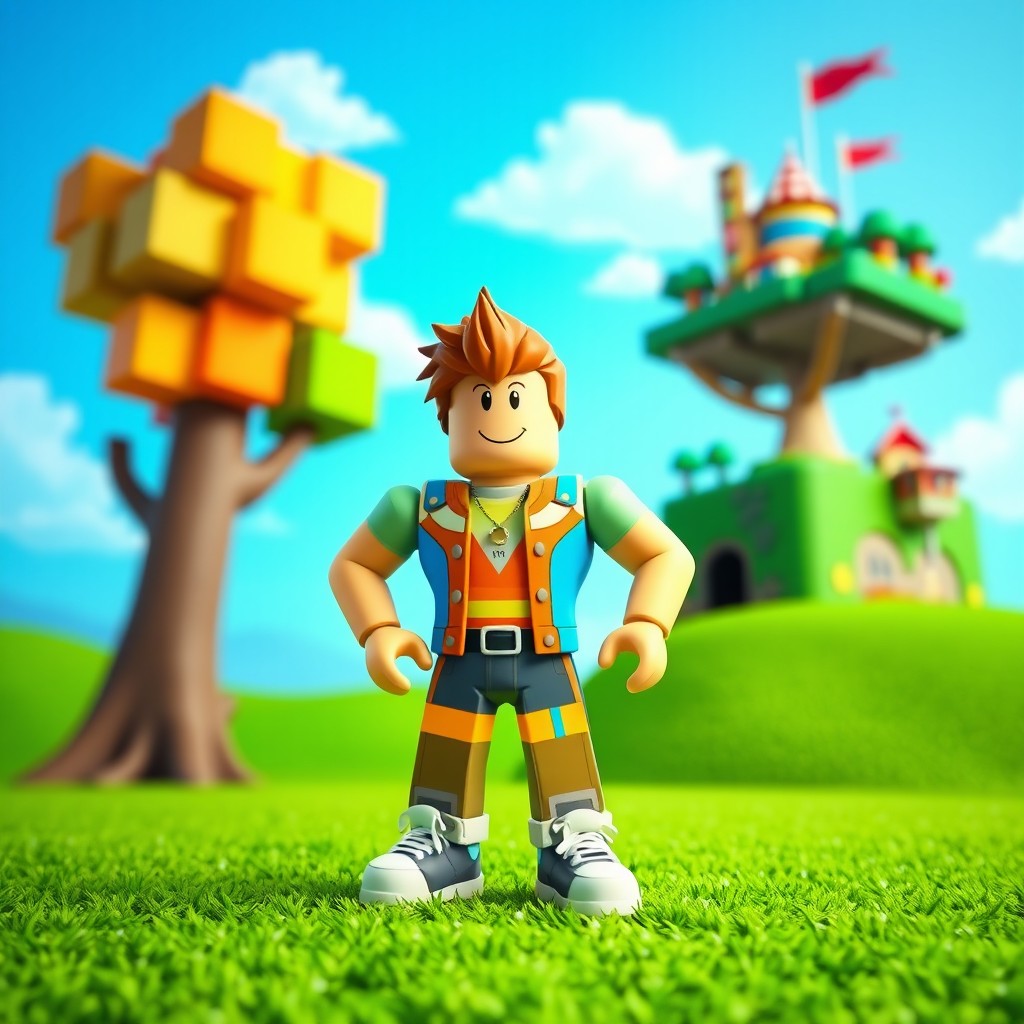 A colorful Roblox character standing confidently in a vibrant, blocky environment, with a bright blue sky and green grass beneath him