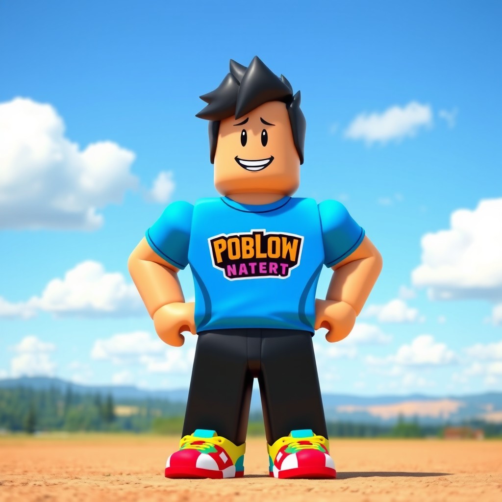 A Roblox character, designed with blocky features and bright colors, standing confidently in an open landscape