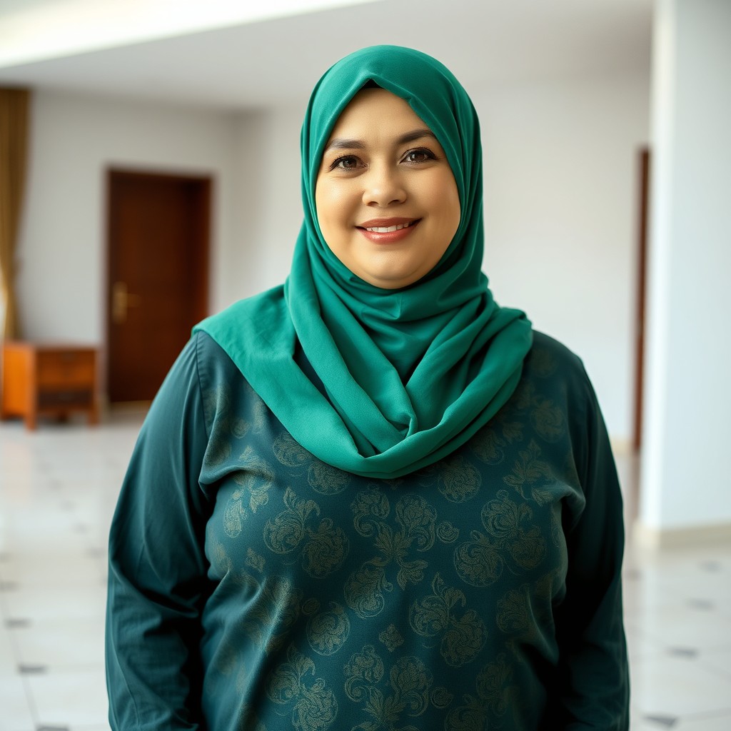 A happy and charming 50-year-old Russian woman, with a sweet and plump demeanor, wearing a green hijab