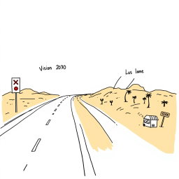 A professional doodle-style illustration for a corporate presentation featuring a main highway stretching forward, labeled as Vision 2030