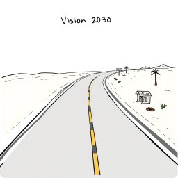A professional doodle-style illustration for a corporate presentation featuring a main highway stretching forward, labeled as Vision 2030