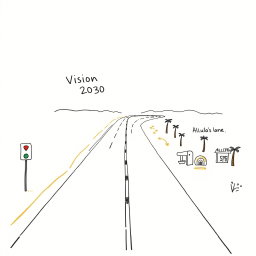A professional doodle-style illustration for a corporate presentation featuring a main highway stretching forward, labeled as Vision 2030