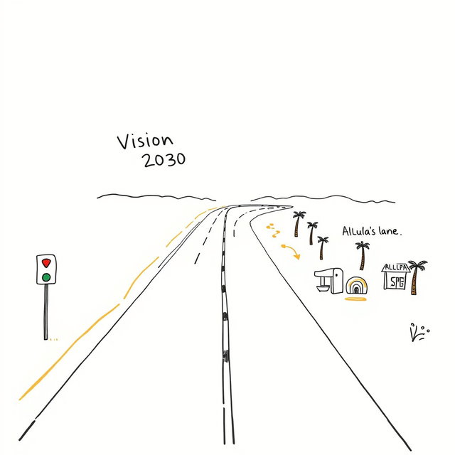 A professional doodle-style illustration for a corporate presentation featuring a main highway stretching forward, labeled as Vision 2030