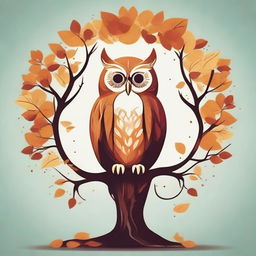 Depict the concept of psychology symbolised within a serene natural setting, such as a wise owl perched on a brain-shaped tree or thoughts visualized as leaves cascading from a tree.