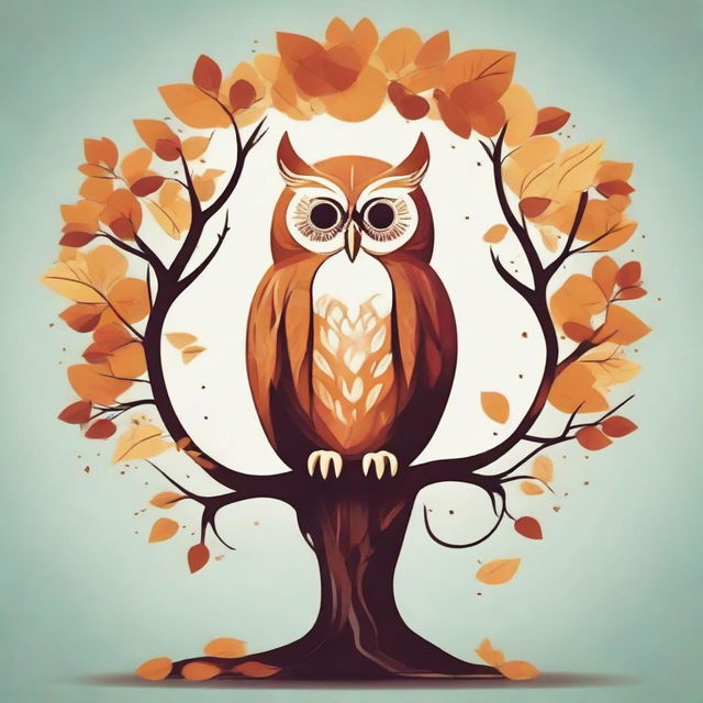 Depict the concept of psychology symbolised within a serene natural setting, such as a wise owl perched on a brain-shaped tree or thoughts visualized as leaves cascading from a tree.