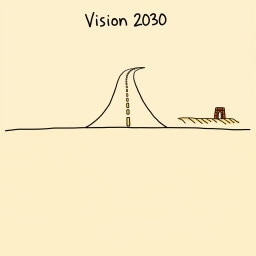 A professional doodle-style illustration designed for a corporate presentation, featuring the top half of the slide with a doodle highway that stretches forward, labeled as 'Vision 2030'