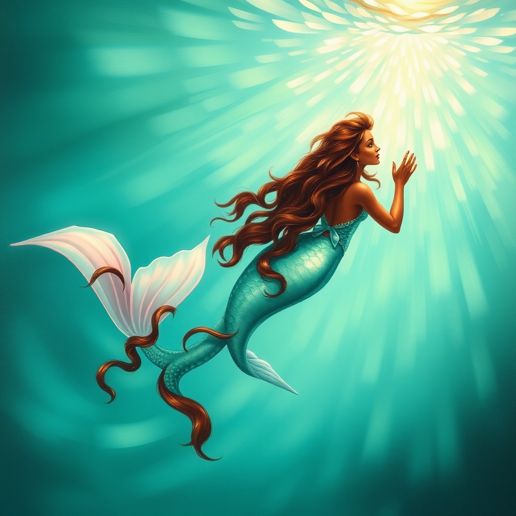 A beautiful painting of a mermaid with mocha skin and long curly brown hair