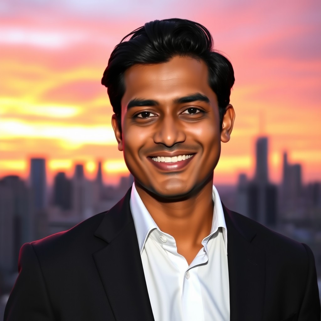 A portrait of a confident South Asian man named Vijay, with medium-length black hair and a warm smile