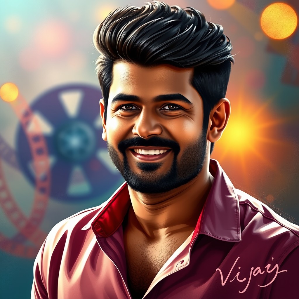 An artistic portrait of Thalapathy Vijay, the famous Indian film actor, showcasing his charismatic and charming personality