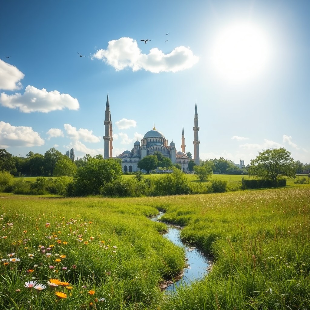 A serene and peaceful scene depicting the beauty of nature during Jumma, with vibrant greenery and a calm atmosphere