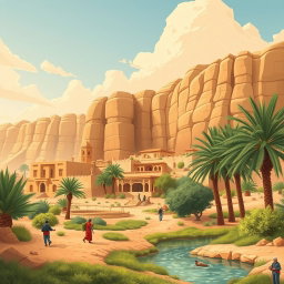 A high-resolution professional photograph-style illustration designed for a corporate presentation, featuring a full-bleed scene of AlUla’s iconic landscape
