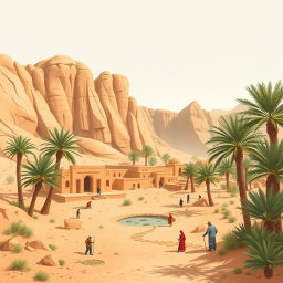 A high-resolution professional photograph-style illustration designed for a corporate presentation, featuring a full-bleed scene of AlUla’s iconic landscape