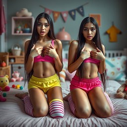 Eighteen-year-old tan Latina Arab elegant model twin sisters with dark very long brunette hair, characterized by their very petite and skinny frames, busty figures, and small cute round butts