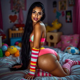 Eighteen-year-old tan Latina Arab elegant model with dark very long brunette hair, exhibiting a very petite and skinny figure, busty with a small cute round butt